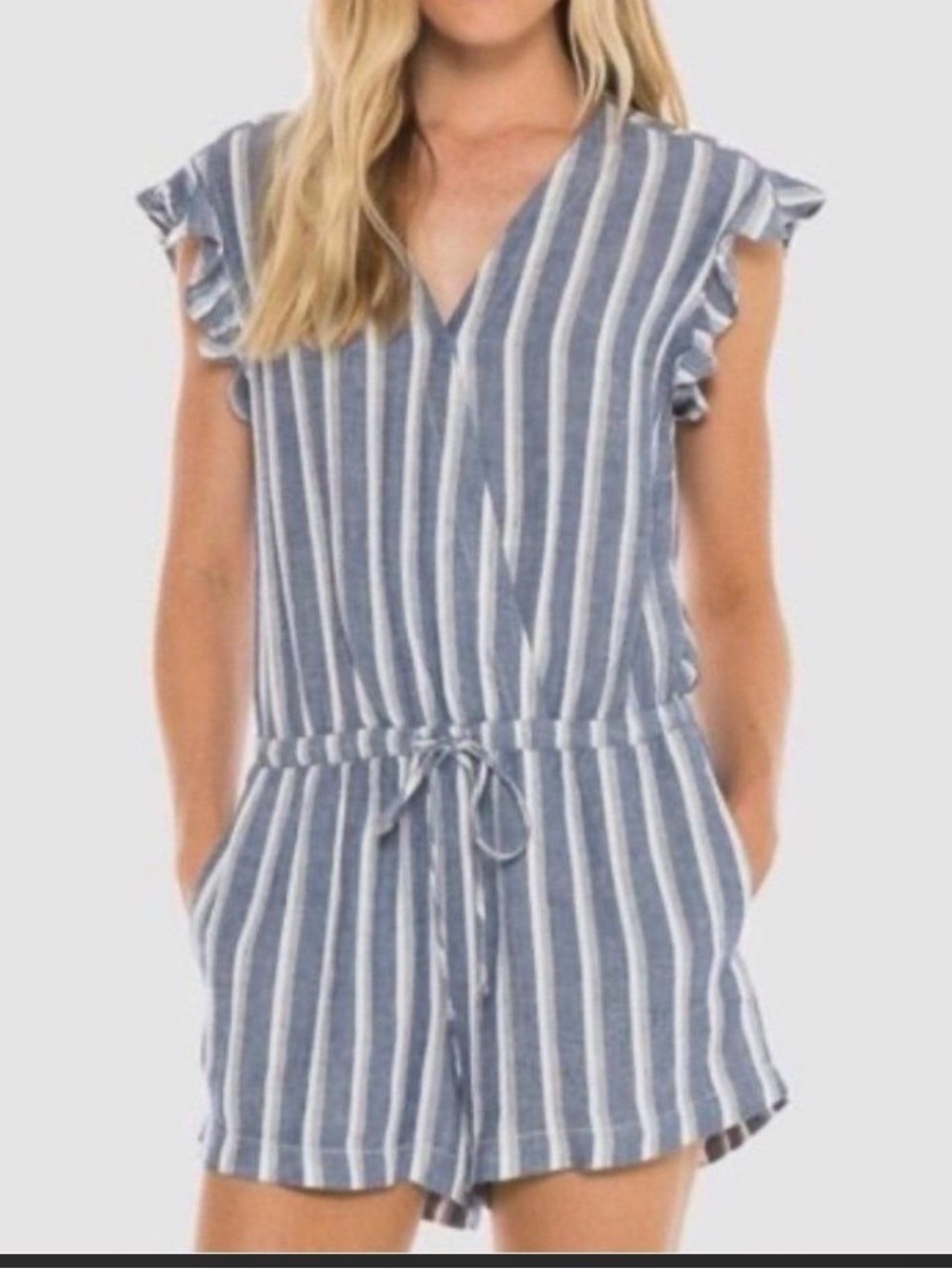 Striped Blue and White V-Neck Romper with Tie Waist